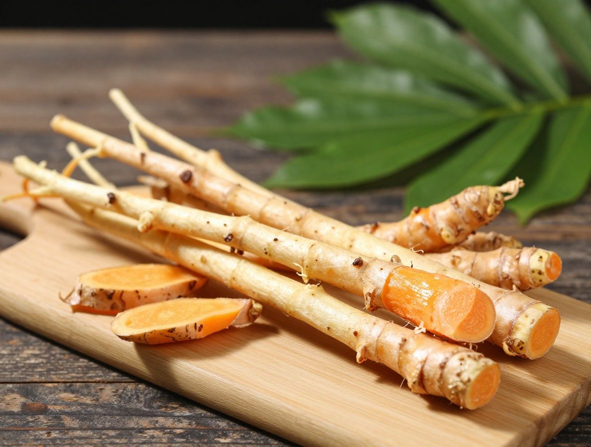 Racines de curcuma fraîches aux couleurs orangées intenses coupées en tranches sur une planche de bois rustique avec des feuilles vertes en arrière-plan
