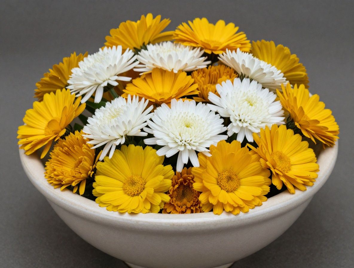 Gros plan de fleurs de calendula séchées dorées et de fleurs de camomille blanches mélangées dans un bol en céramique beige sur fond de toile de jute