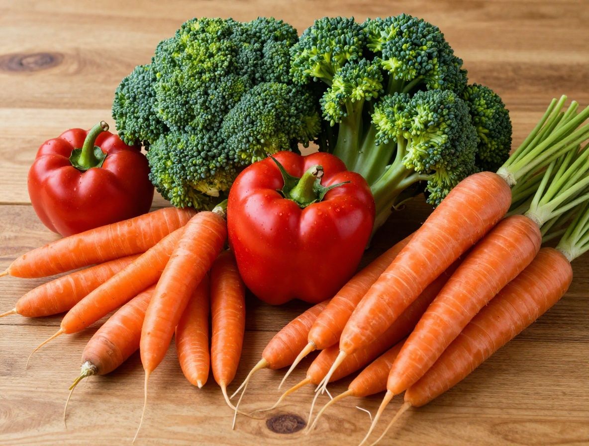 Variété de fruits et légumes frais riches en vitamines — poivrons rouges, brocoli vert, carottes oranges et épinards disposés artistiquement sur une table en bois clair